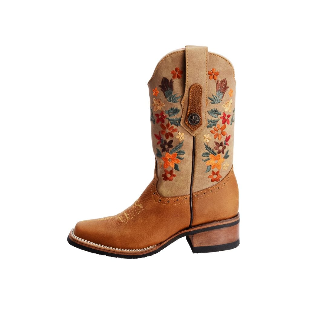 VE309 Tan Rodeo Boot Verthali with Orange Flowers