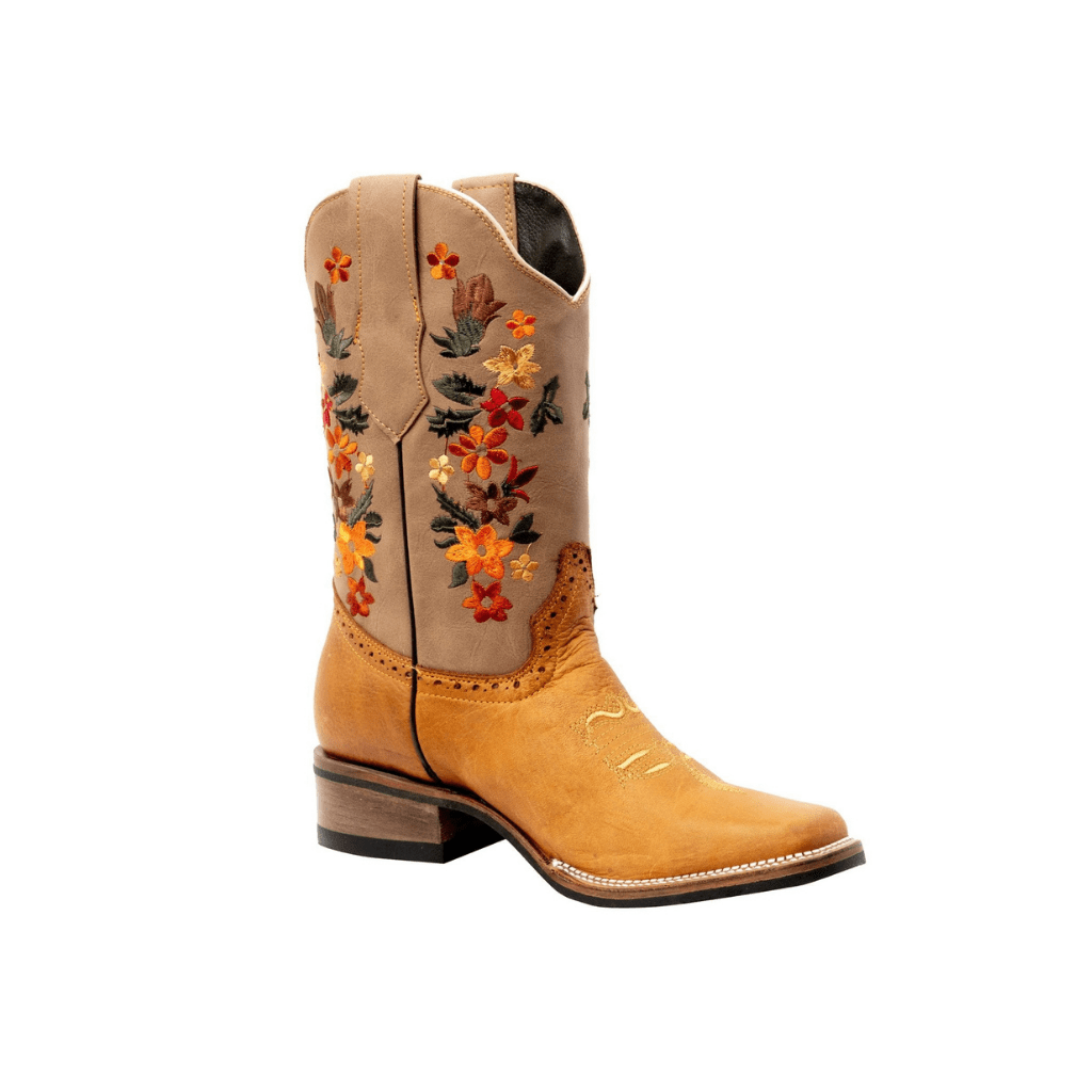 VE309 Tan Rodeo Boot Verthali with Orange Flowers