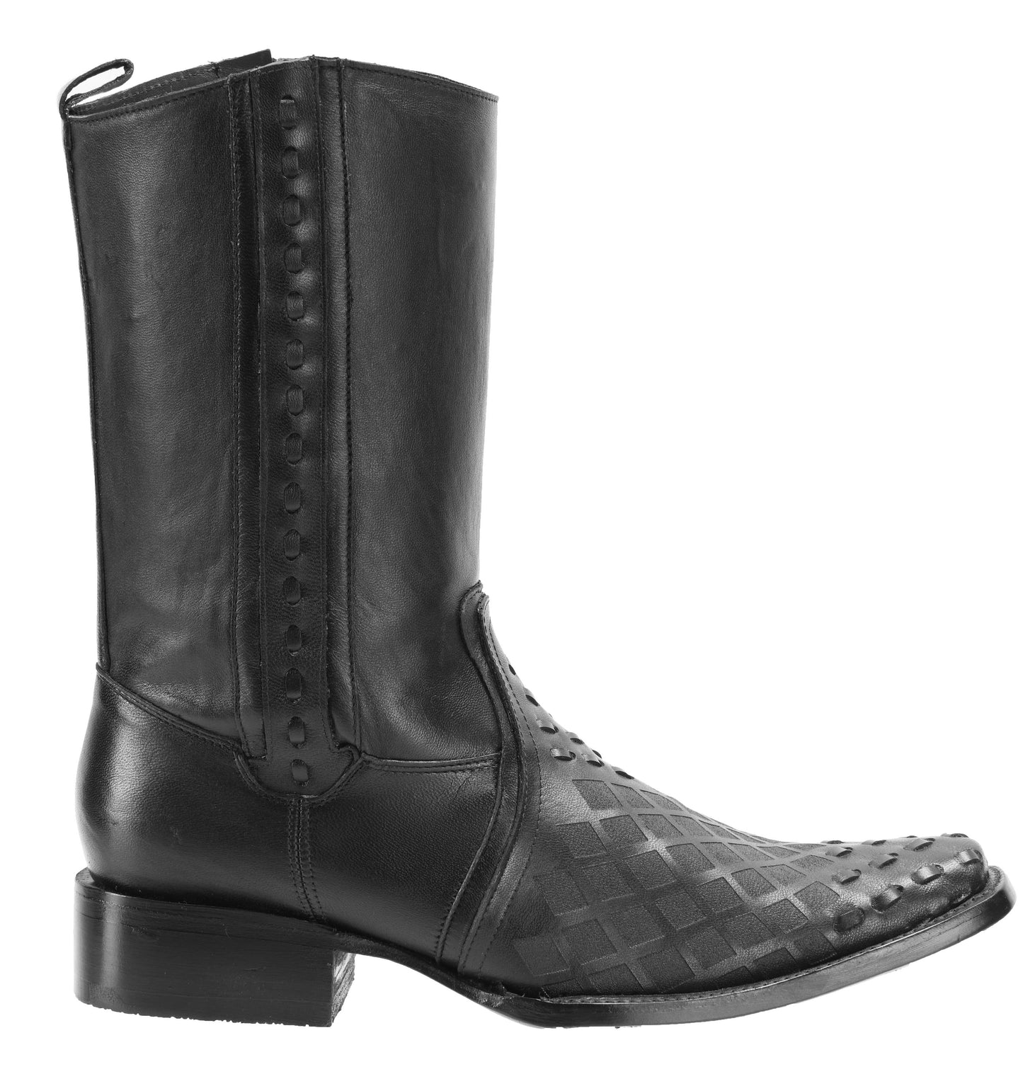JB470 Black Square Toe Boots Leather Braided Print WIDE EE LAST-HALF NUMBER LESS RECOMMENDED