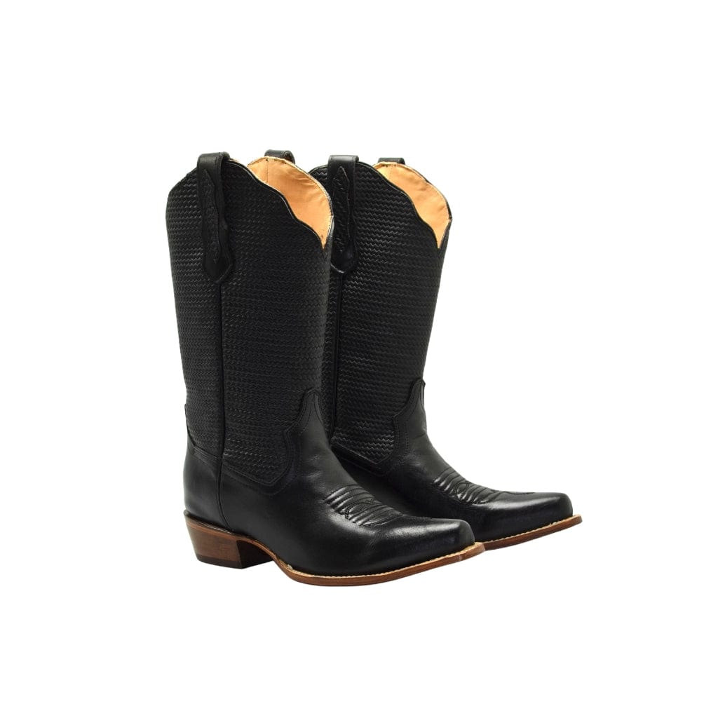 TT 302 Women Snip Toe Cowgirl Boots Black Plain Braided Tube