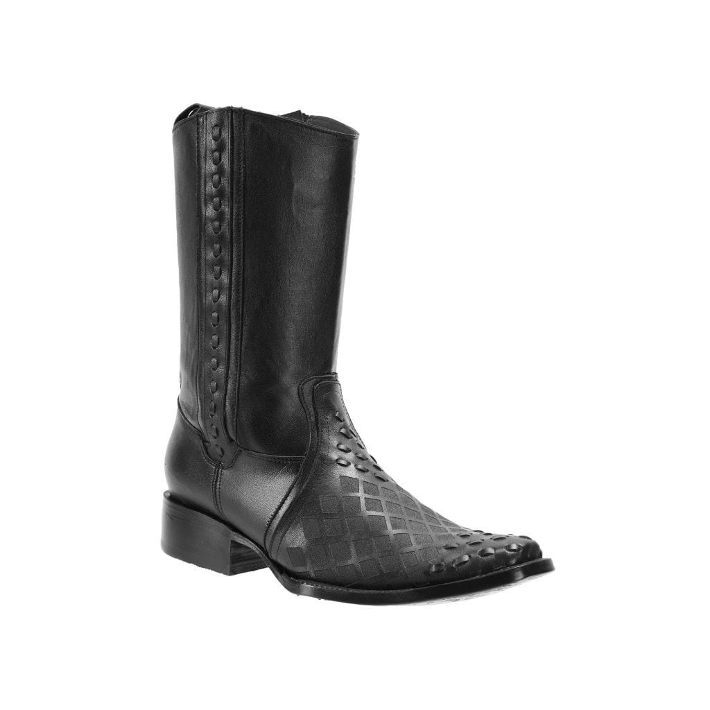 JB470 Black Square Toe Boots Leather Braided Print WIDE EE LAST-HALF NUMBER LESS RECOMMENDED