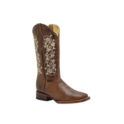 JB16-11 Brown Women Square Toe Boots Off White Flowers