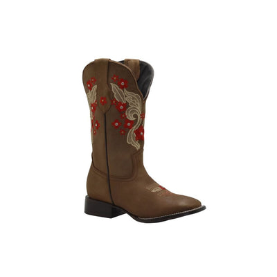 JB16-06 Sand Women Square Toe Boots Red Flowers